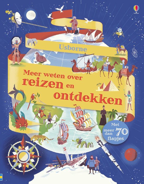 Illustratie van de wereldbol met verschillende culturen, dieren en schepen. Usborne. Meer weten over reizen en ontdekken.