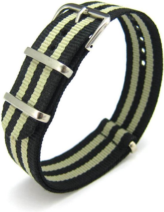 Premium Black Beige - Nato strap 18mm - Stripe - Horlogeband Zwart Beige