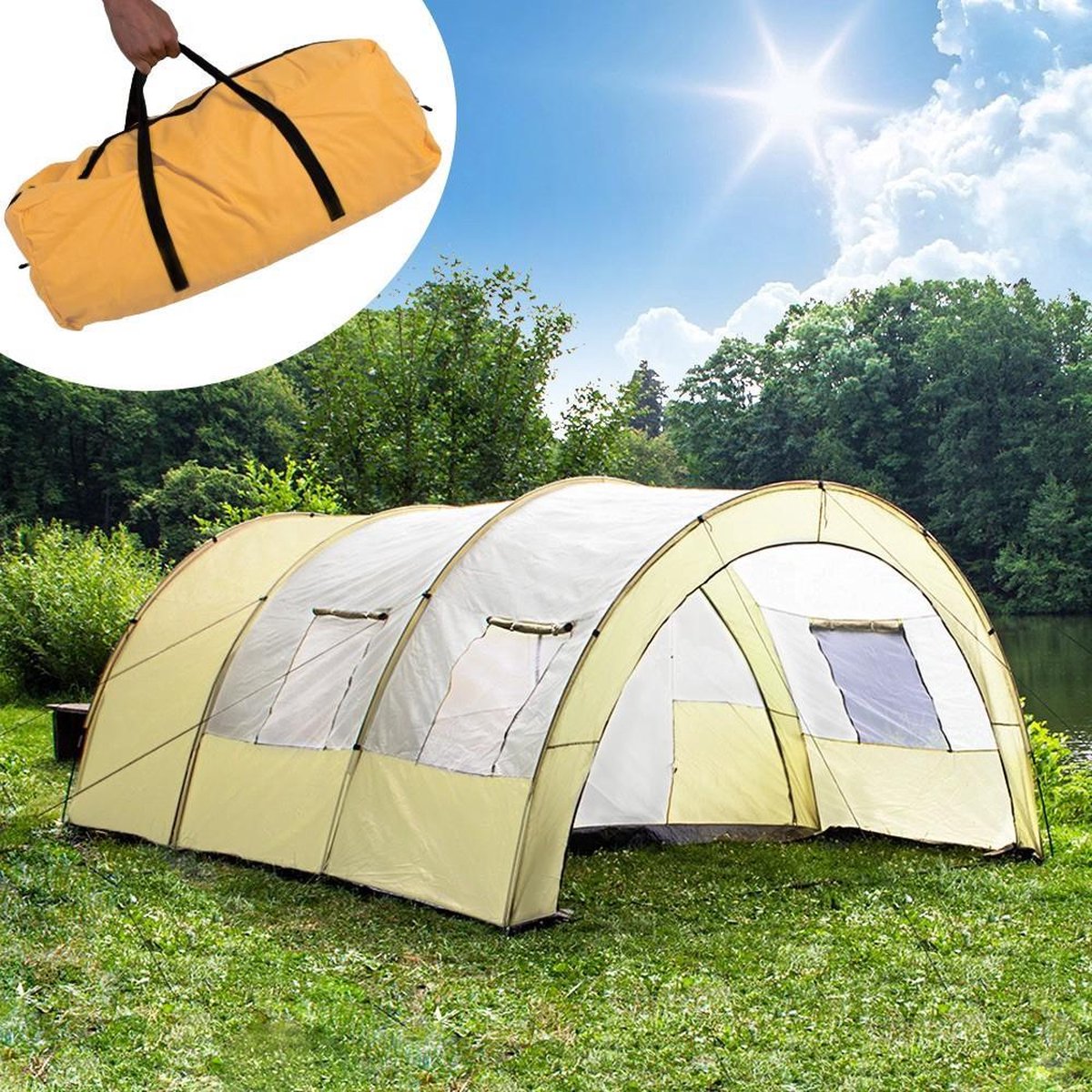 XXL Camping Tent Waterdicht 4 6 Personen Tunneltent Beige te Sport en vakantie Kamperen, wandelen Kamperen, wandelen
