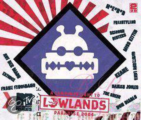 Lowlands Sampler 2004 albumhoes met een alien logo, een scheermesje en de tekst "MTV presents LOWLANDS PARADISE 2004".