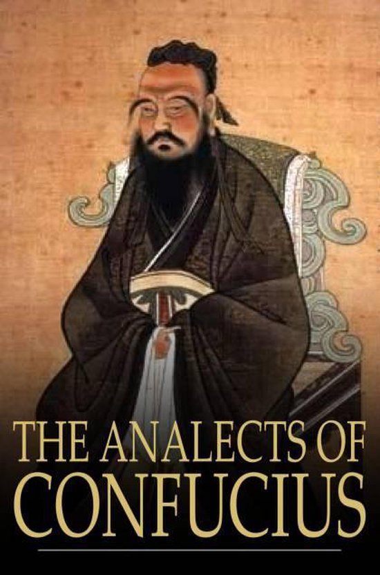 Portrait de Confucius assis, tenant un livre. Texte : THE ANALECTS OF CONFUCIUS.