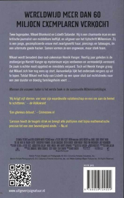 Achterkant van het boek 'Mannen die vrouwen haten' met de tekst 'Wereldwijd meer dan 60 miljoen exemplaren verkocht'.