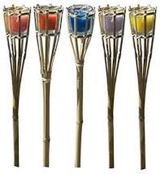 Tuinfakkels - bamboe fakkels incl. glazen houder en gekleurde kaars - 77cm  - set van 6 | bol.com