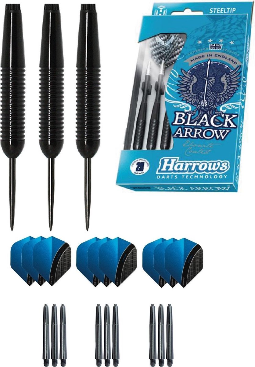 Harrows - Black Arrow Ringed Brass darts met 9 - dartshafts - en 9 - dartflights - 24 gram - dartpijlen