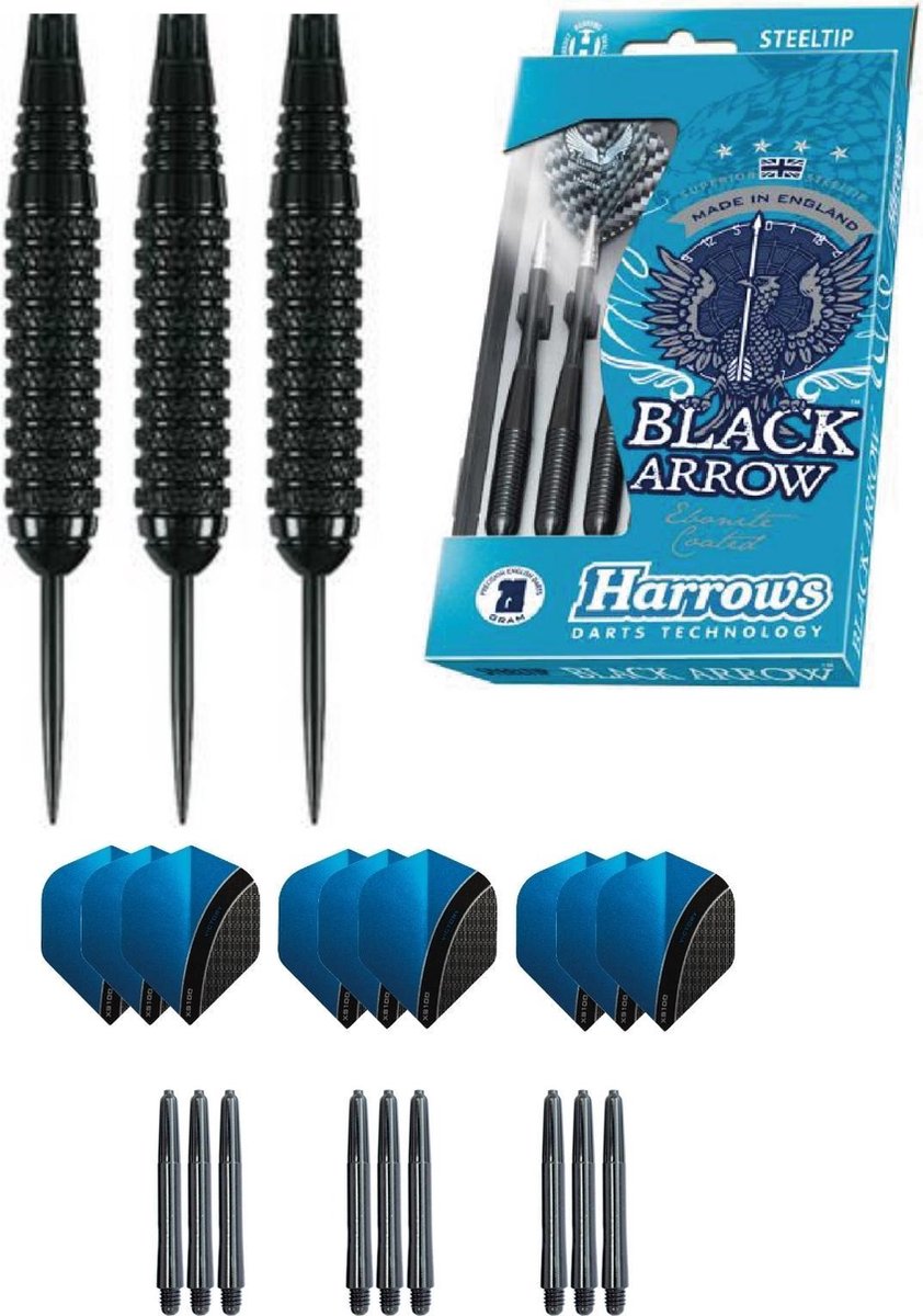 Harrows - Black Arrow Knurled Brass darts met 9 - dartshafts - en 9 - dartflights - 23 gram - dartpijlen