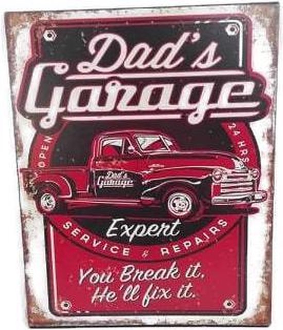 Metalen wandbord dad's garage met pick up truck - vaderdag - rood zwart creme - 20 x 25 cm