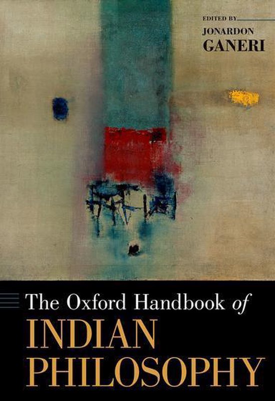 La couverture de 'The Oxford Handbook of Indian Philosophy' présente une œuvre d'art abstraite avec des blocs rouges, bleus et jaunes.