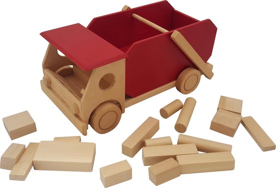 Playwood - Houten vrachtwagen rood inclusief blokken - Kiepauto -  Containerauto -... | bol.com