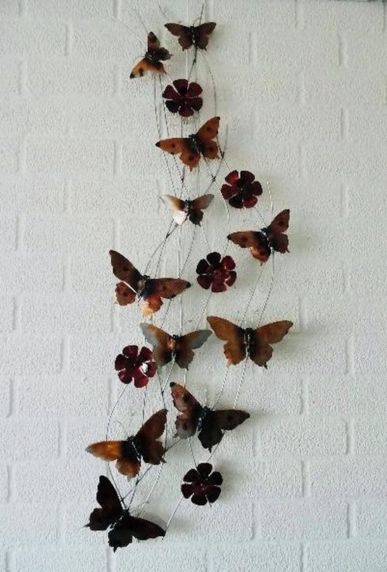 Positief afstuderen Yoghurt Metalen wanddecoratie met vlinders en bloemen - rood bordeaux bruin zwart  zilver - 50... | bol.com