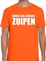 Horen Zien Zwijgen Zuipen tekst t-shirt oranje heren - heren shirt Horen Zien Zwijgen Zuipen - oranje kleding S