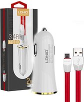 LDNIO C28 Wit 2 USB Port Autolader 3.4A met 1 Meter Micro USB Kabel geschikt voor o.a LG K4 K7 K8 K10 K11 2017