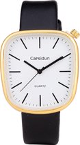 Leren Dames Horloge - Vierkant - Zwart & Goud - Carsidun