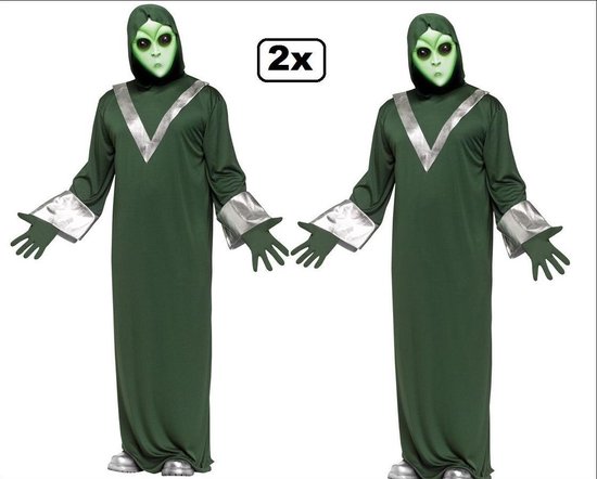 2x Alien kostuum met masker mt.M/L - Halloween horror thema feest Aliens creepy