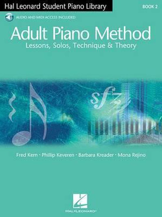Couverture du livre "Adult Piano Method" avec des notes de musique et un clavier de piano sur fond bleu. "Book 2" et "Hal Leonard Student Piano Library" sont en haut.