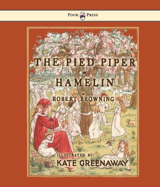 Illustratie van 'The Pied Piper of Hamelin' door Kate Greenaway, met de Piper die fluit en kinderen die dansen onder bloeiende bomen.
