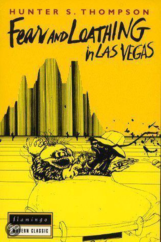 Boek 'Fear and Loathing in Las Vegas' met gele kaft en illustratie van twee figuren.