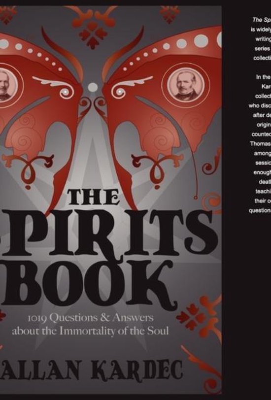 Couverture du livre "The Spirits Book" par Allan Kardec, avec un motif papillon/ange rouge et gris, et du texte.