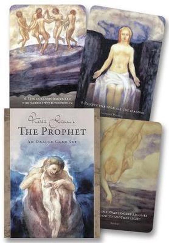 Kahlil Gibrans De Profeet, een orakelkaarten set met een boek, toont beelden van dansende figuren en een vrouw in een ligstoel.