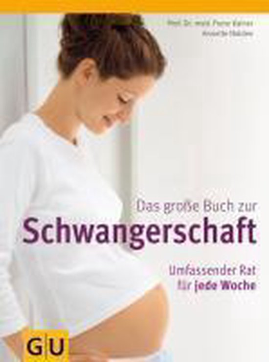 Titel: Het grote boek over zwangerschap. Een zwangere vrouw met haar handen op haar buik.