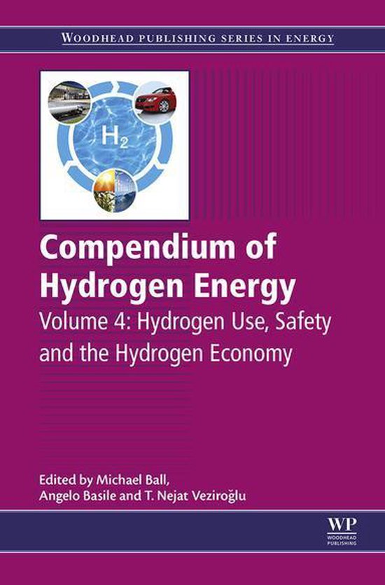 Boekomslag: Compendium of Hydrogen Energy, Volume 4: Hydrogen Use, Safety and the Hydrogen Economy. Met H2-symbool en afbeeldingen van een auto en zonnecellen.