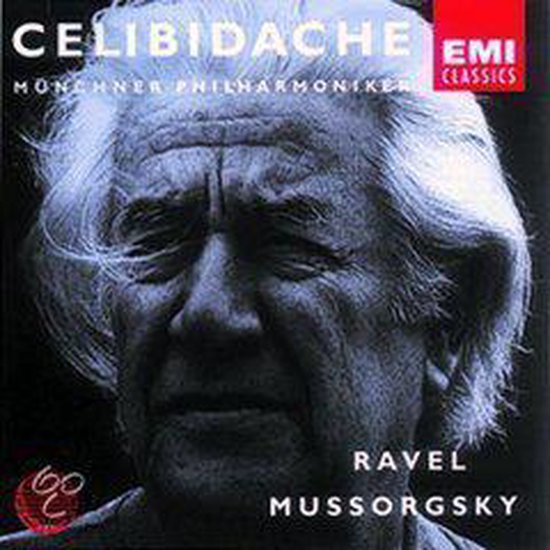 Boekcover van "Celibidache", met een close-up van een oudere man met grijs haar. Tekst: "Celibidache", "Münchner Philharmoniker", "RAVEL", "MUSSORGSKY", "EMI CLASSICS".