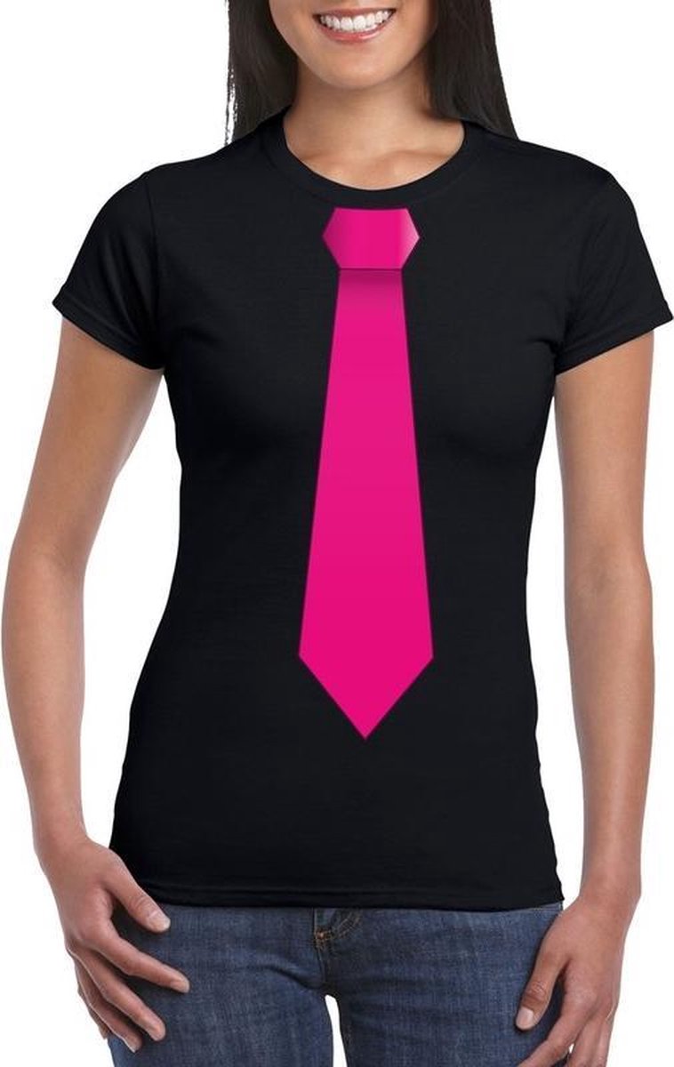 Hangen Chemicus Horzel Zwart t-shirt met roze stropdas dames M | bol.com