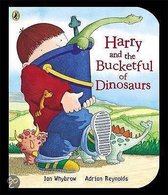Boekomslag van 'Harry en de emmer vol dinosaurussen' met een jongen en dinosaurus in een emmer.