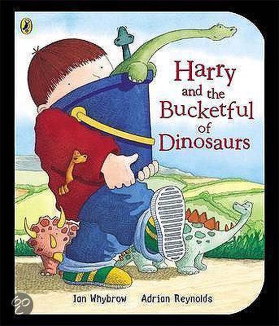 Boekomslag van 'Harry en de emmer vol dinosaurussen' met een jongen en dinosaurus in een emmer.