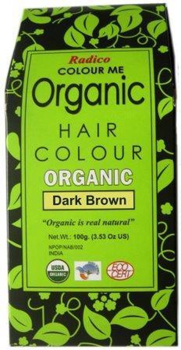 Radico COLOUR ME ORGANIC Dark Brown / Donkerbruin 100% Natuurlijke BIO ORGANIC 9-Kruiden Henna Haarverf Zonder Ammoniak PPD PTD met ECOCERT, HALAL, VEGAN 100g