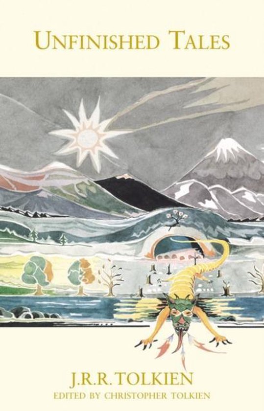 Livre 'Unfinished Tales' de J.R.R. Tolkien, illustrant un dragon et un lever de soleil.