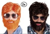 2x Pruik Dude met baard oranje en bruin