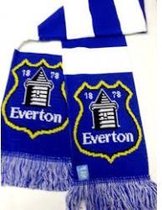 Everton sjaal blauw wit geblokt met logo.
