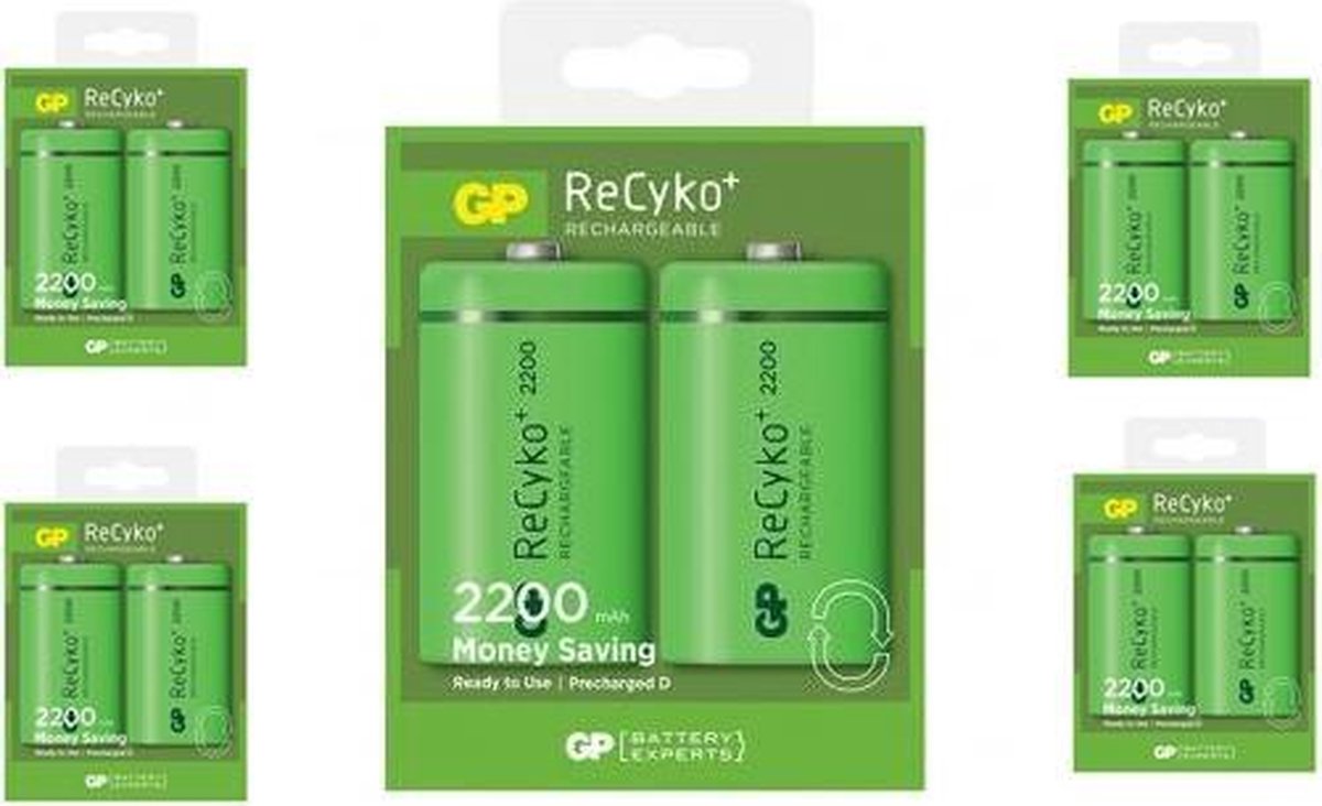 10 Stuks (5 Blisters a 2St) - GP Recyko+ 1.2V D / HR20 2200mAh NiMh oplaadbare batterij
