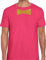 Roze fun t-shirt met vlinderdas in glitter goud heren M