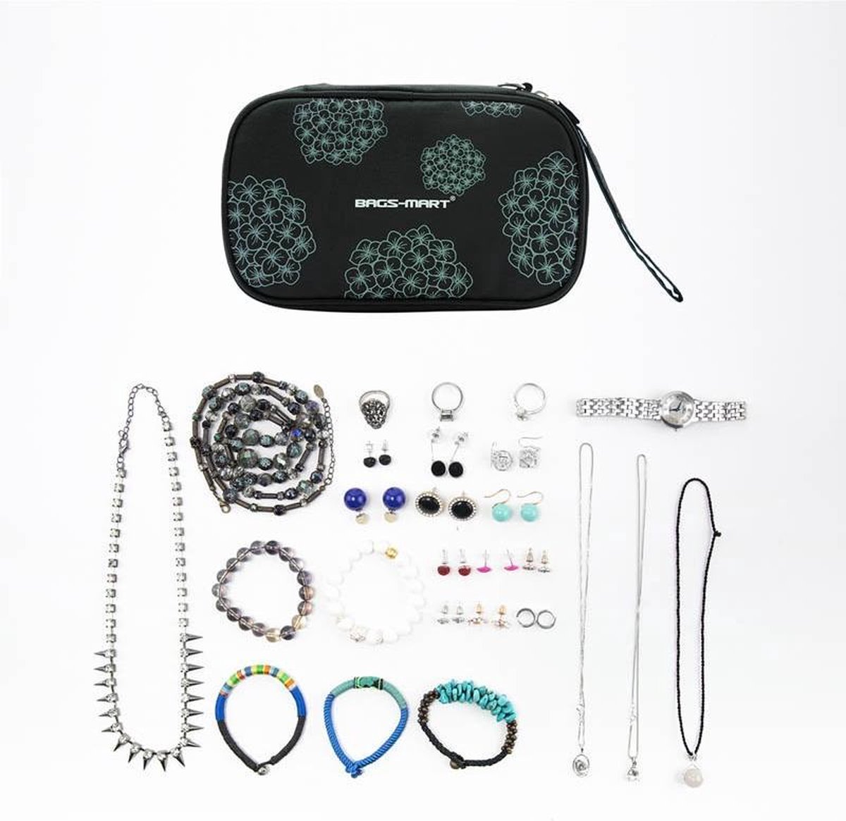 bagsmart Sieradenreisorganizer-etui, hangerrol, sieradentas voor op reis, met tassen, grote inhoud, sieradenrol voor ringen, roze