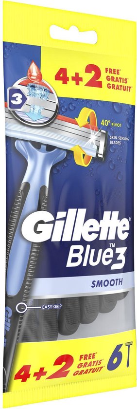 Gillette Blue3 Smooth scheermesjes, 4+2 gratis. Blauw handvat met 3 mesjes en draaiende kop. Verpakking met gele en blauwe accenten.