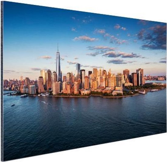 Wanddecoratie Metaal - Aluminium Schilderij Industrieel - New York - Skyline - Boot - 60x40 cm - Dibond - Foto op aluminium - Industriële muurdecoratie - Voor de woonkamer/slaapkamer