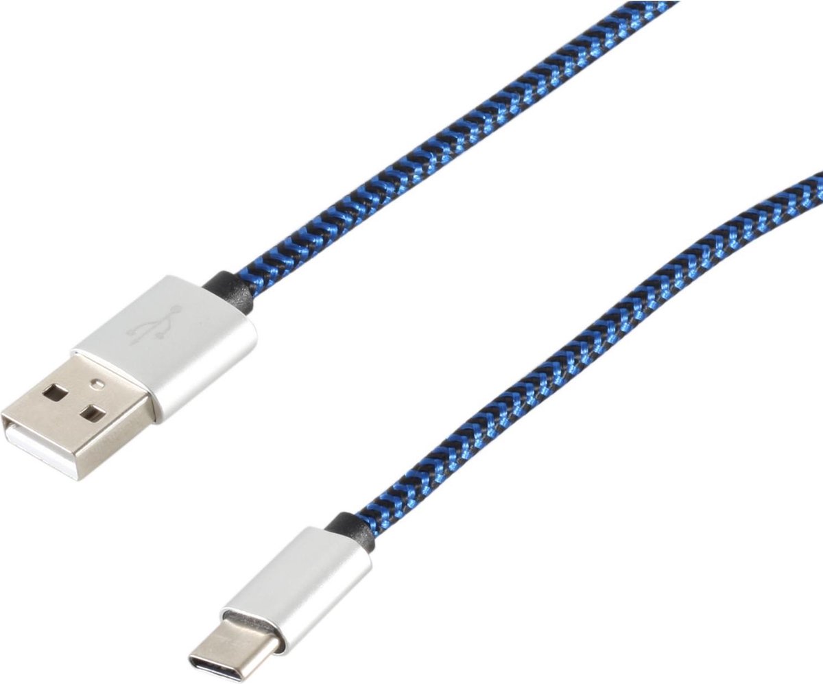 USB-C naar USB-A kabel - USB2.0 - tot 2A / blauw nylon - 0,90 meter
