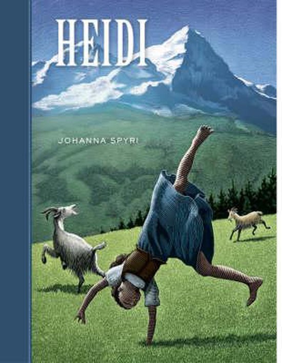 Couverture du livre 'Heidi' montrant une fille faisant un rond dans les montagnes, avec des chèvres.