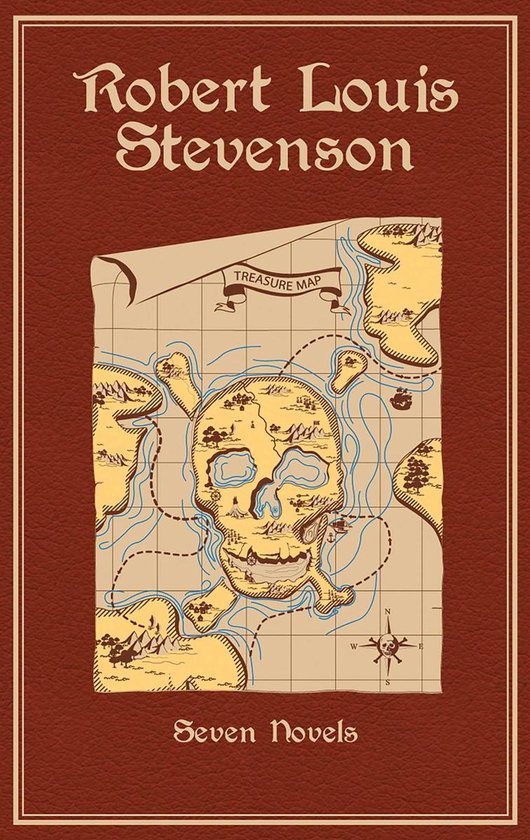 Couverture de livre de Robert Louis Stevenson avec une carte au trésor en forme de tête de mort.