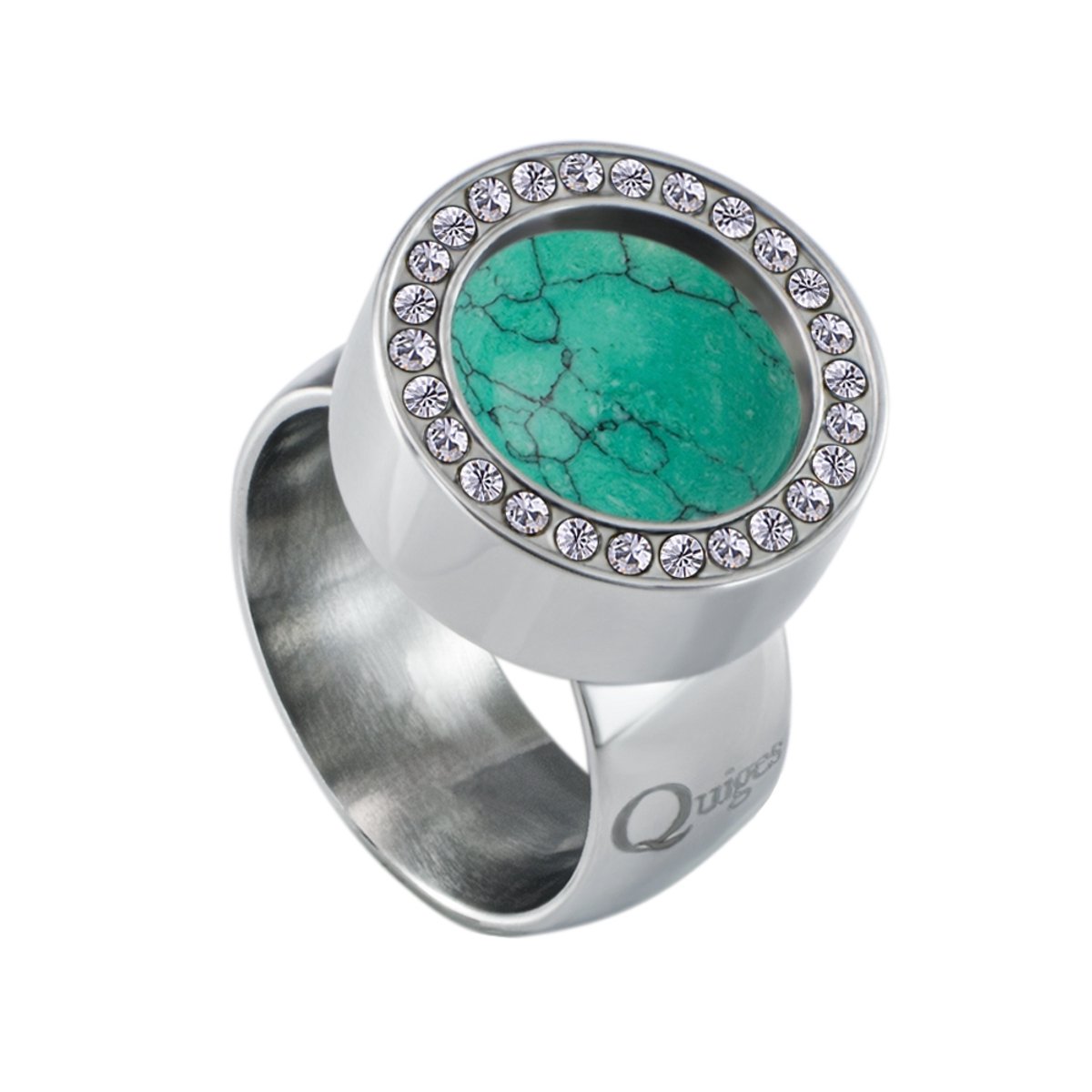 Quiges RVS Schroefsysteem Ring met Zirkonia Zilverkleurig Glans 17mm met Verwisselbare Natuursteen Turkoois 12mm Mini Munt