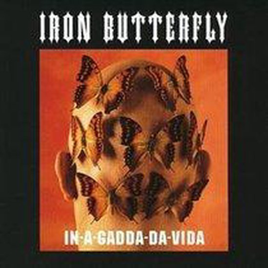Albumcover: Een hoofd bedekt met vlinders, met de tekst 'IRON BUTTERFLY' en 'IN-A-GADDA-DA-VIDA'.
