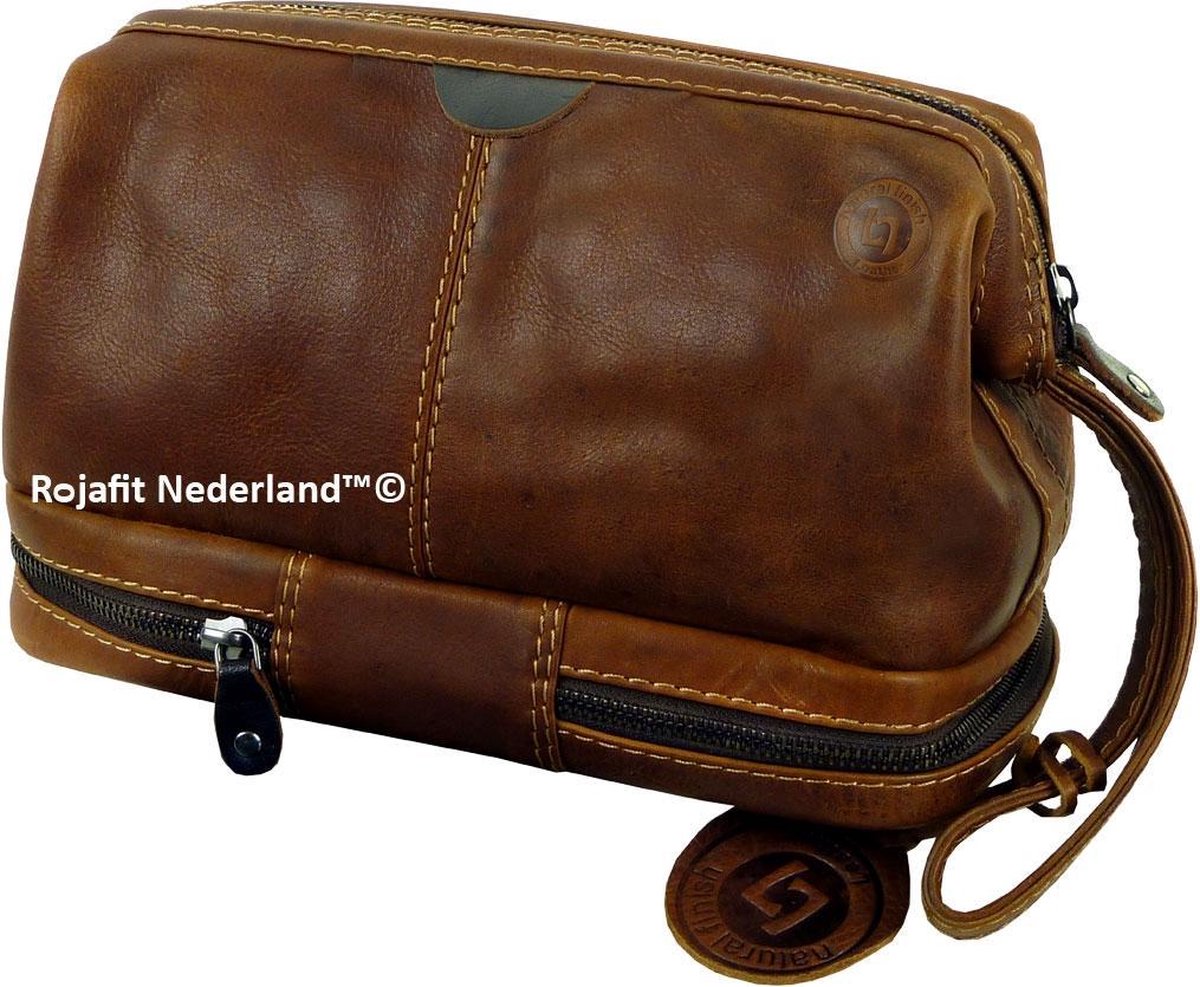 Toilettas - Landleder - Luxe Lederen Toilettas met Dubbele Bodem & Beugelsluiting -"Baron von Maltzahn"- Whisky Bruin - afmeting: 28 x 15 x 20 cm.