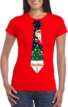 Rood kerst T-shirt voor dames - Kerstman en kerstboom stropdas print S