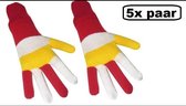5x Paar handschoenen rood/wit/geel - Handschoen carnaval rood wit geel oeteldonk winter festival feest party