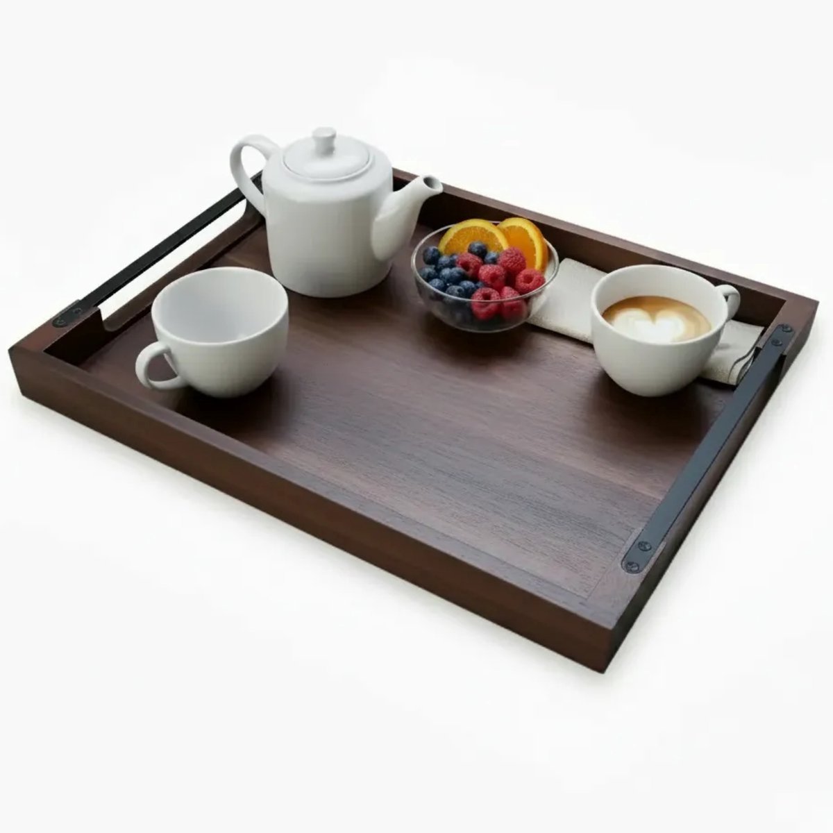 Les Plaisirs Du Chef - Acacia houten dienblad met geintegreerde metalen handgrepen - Groot: 48x38 cm – Acacia dienblad – ontbijtdienblad & serveerplaat