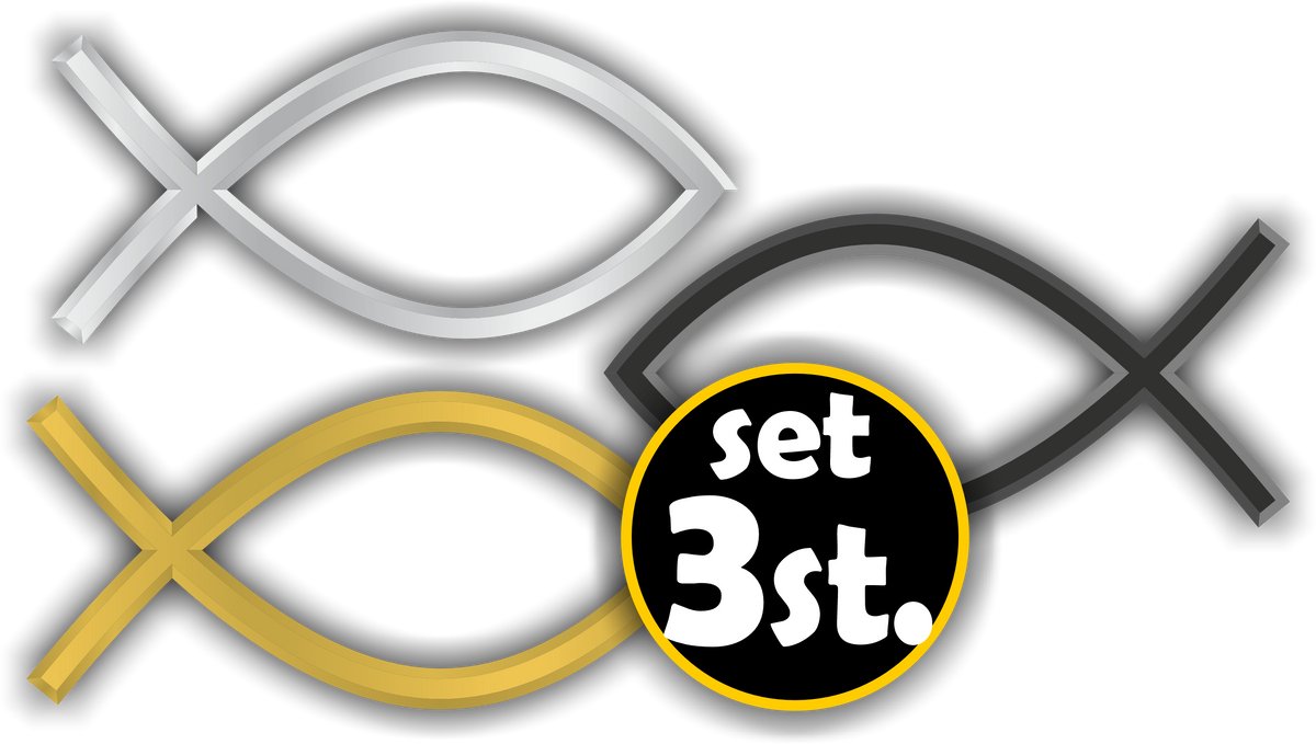 Jerma - Set 3 Ichthus Vis - Symbool Stickers – Zwart Zilver & Goud – Auto & Raam