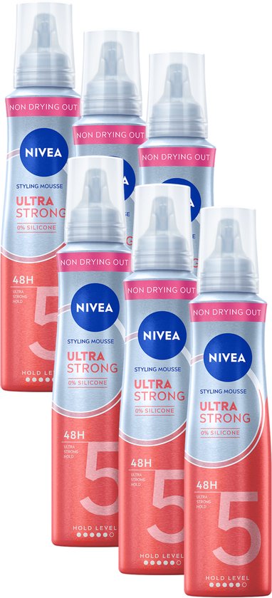 Zes NIVEA Ultra Strong styling mousse flessen in een rij, met roze en zilveren etiketten.