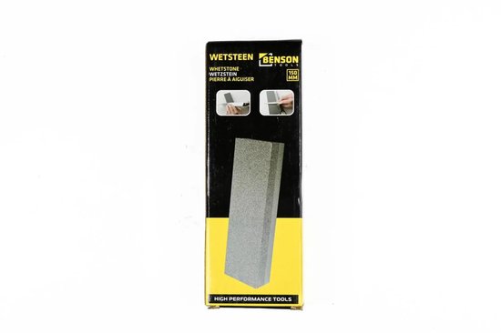 Verpakking met Benson slijpsteen, 150 mm. Grijze steen op gele ondergrond.