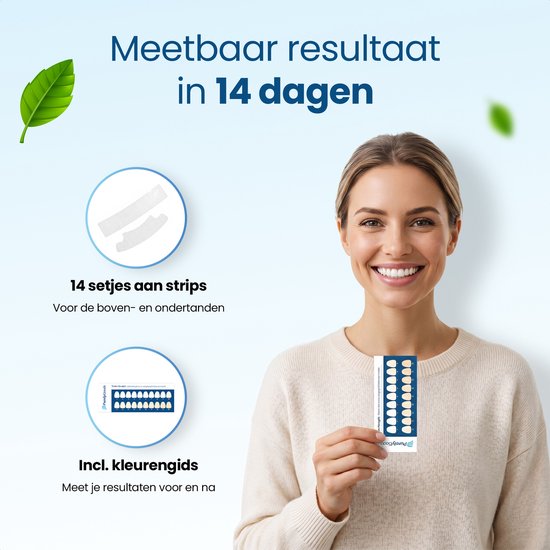 Vrolijke vrouw met stralende witte tanden, die een pakje tandenbleekstrips vasthoudt. Inzet met 14 setjes strips en kleurenkaart.